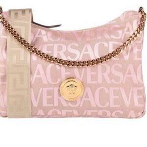 Versace  Pink Logo Print Gold Medusa Small Hobo Handbag SOLD SOLD ✅✅✅✅